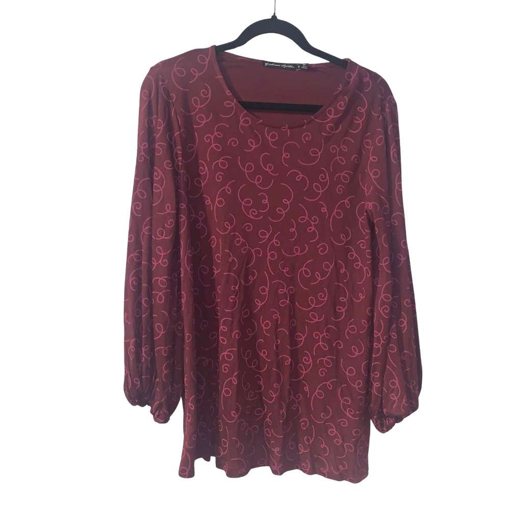 Gudrun Sjoden Women's Boho Tunic Top Size S Burgundy Blouson Sleeves Lagenlook